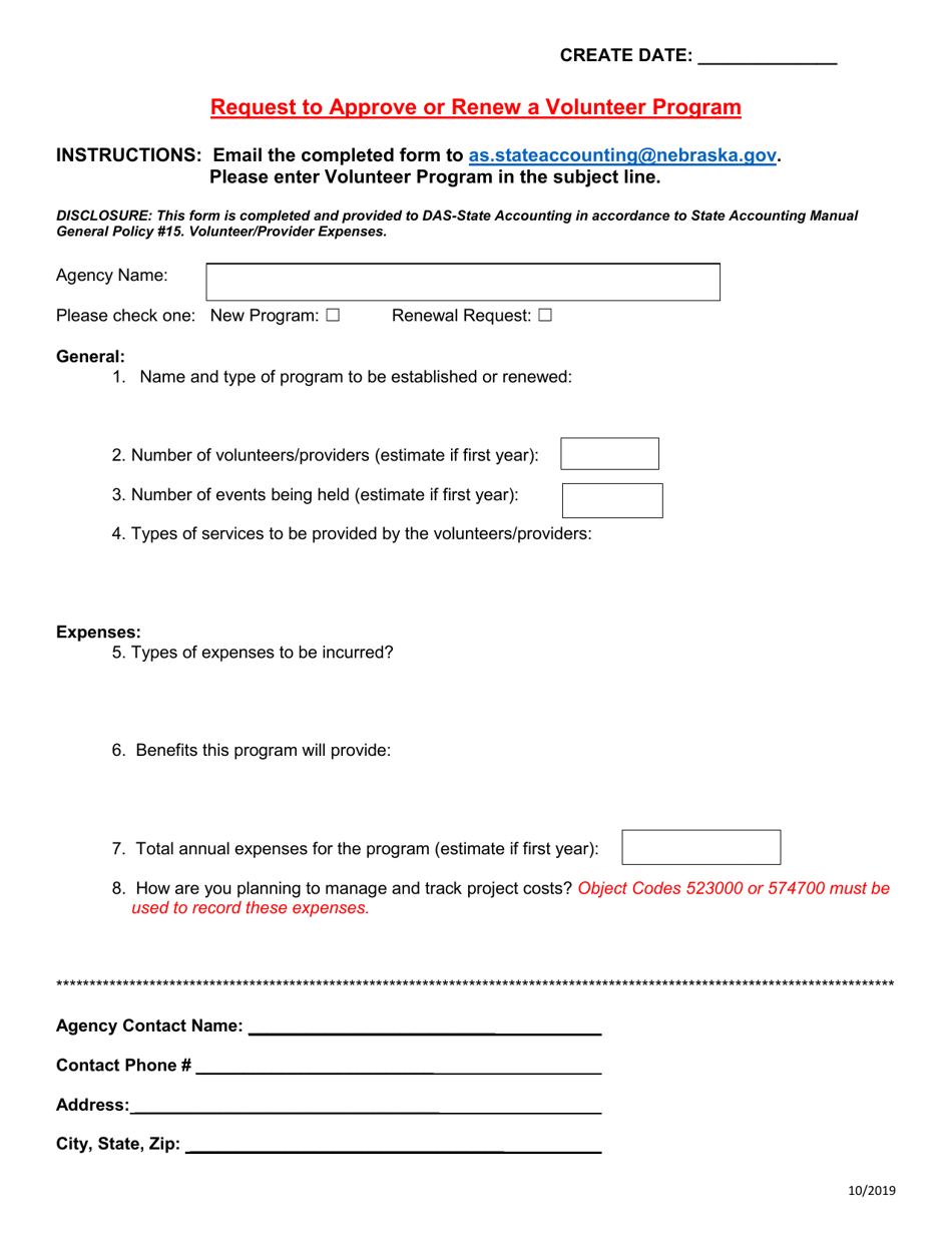 Request to Approve or Renew a Volunteer Program - Nebraska, Page 1