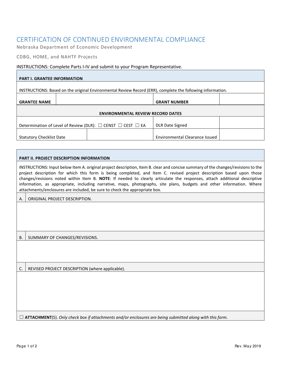Certification of Continued Environmental Compliance - Nebraska, Page 1