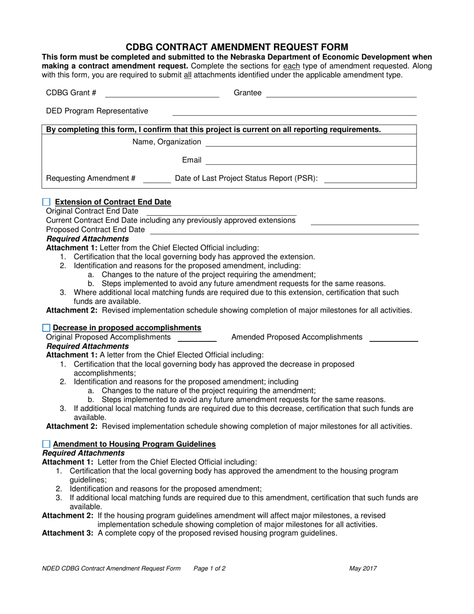 Cdbg Contract Amendment Request Form - Nebraska, Page 1