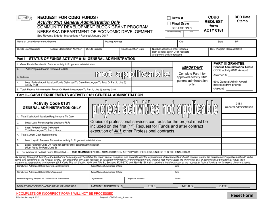 Form ACTY0181 Request for Cdbg Funds - Activity 0181 General Administration Only - Nebraska, Page 1