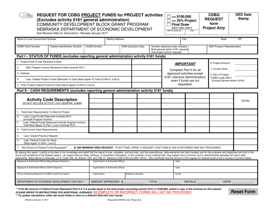 Form PROJECT ACTY Request for Cdbg Project Funds for Project Activities - Nebraska, Page 1