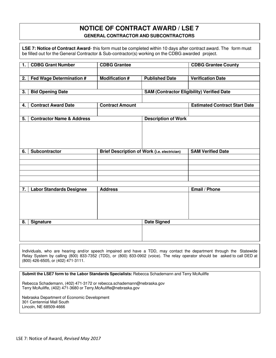Form LSE7 Notice of Contract Award - Nebraska, Page 1
