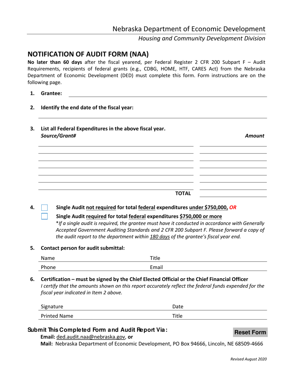 Notification of Audit Form (Naa) - Nebraska, Page 1