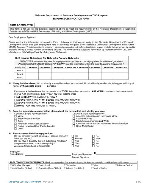 Employee Certification Form - Nebraska Download Pdf