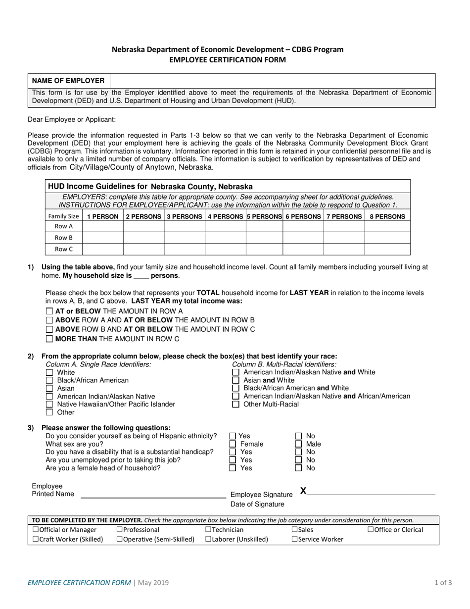 Employee Certification Form - Nebraska, Page 1