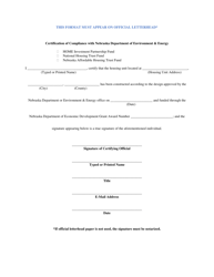 Document preview: Certification of Compliance With Nebraska Department of Environment & Energy - Nebraska