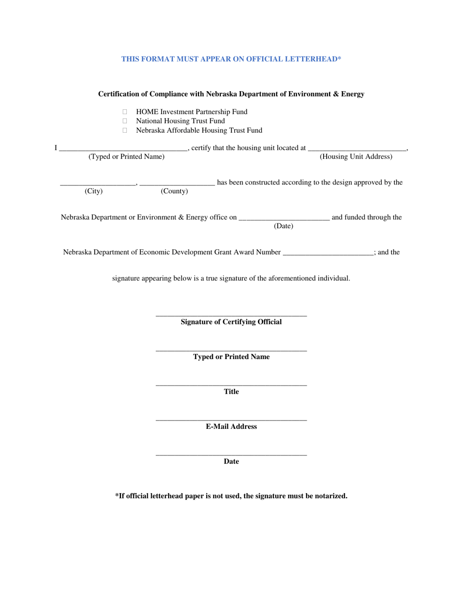 Certification of Compliance With Nebraska Department of Environment  Energy - Nebraska, Page 1