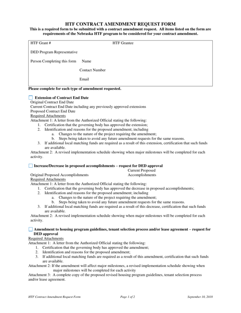 Htf Contract Amendment Request Form - Nebraska Download Pdf
