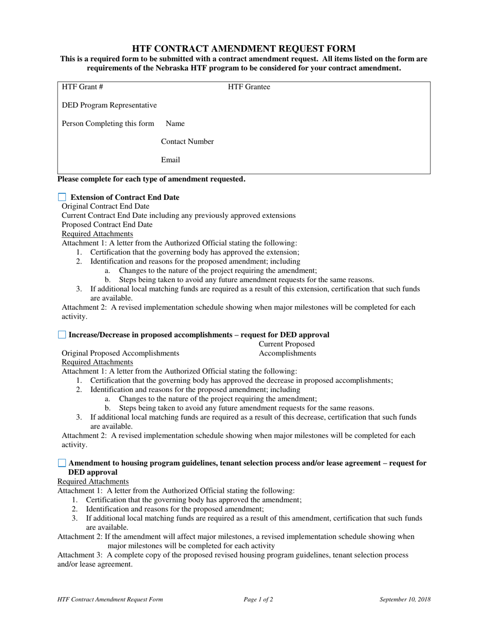 Htf Contract Amendment Request Form - Nebraska, Page 1