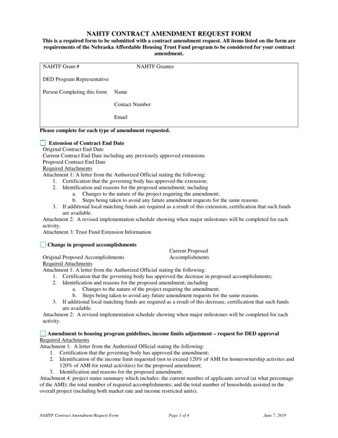 Nahtf Contract Amendment Request Form - Nebraska Download Pdf