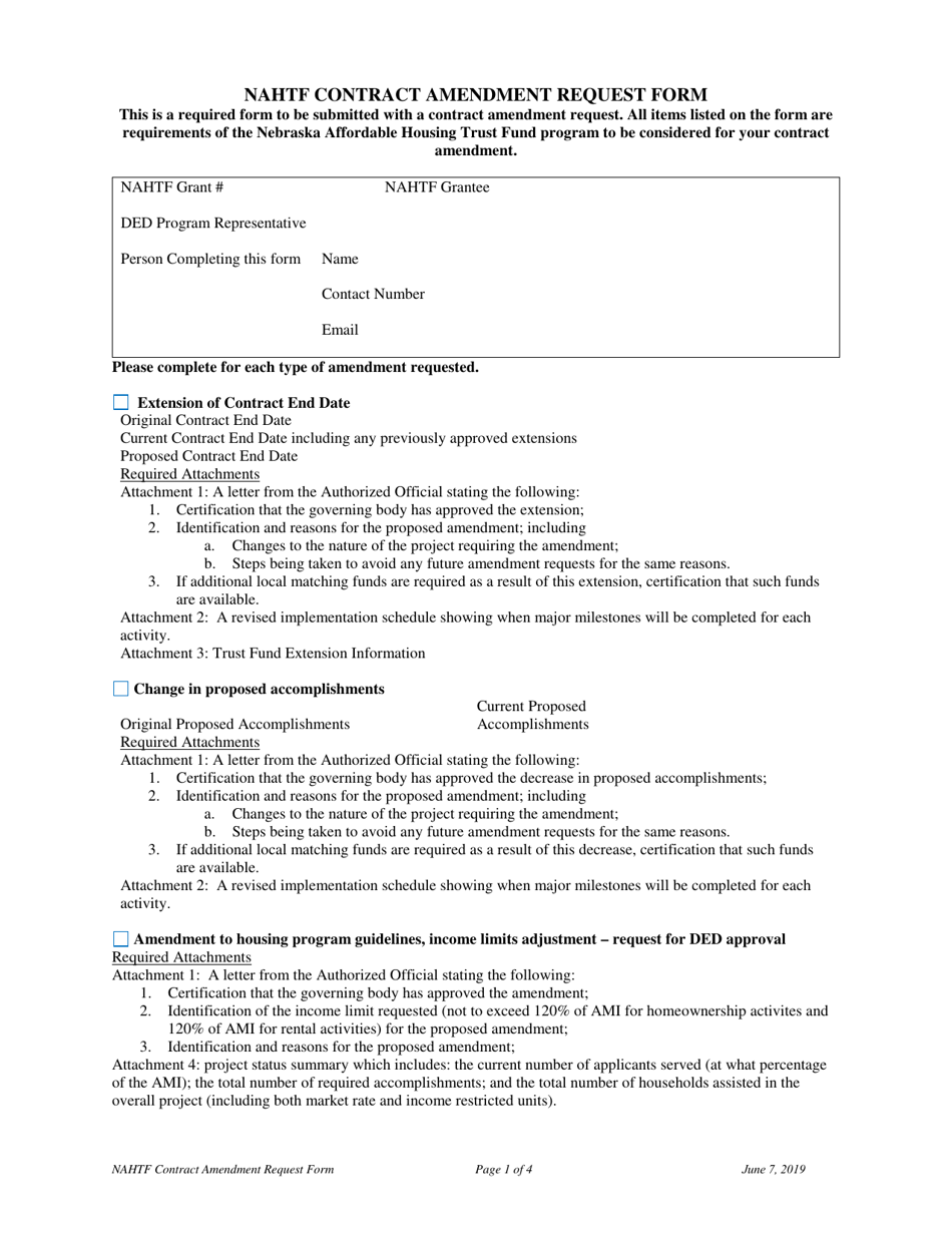 Nahtf Contract Amendment Request Form - Nebraska, Page 1