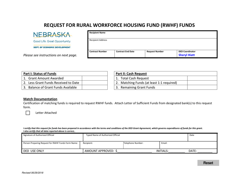 Request for Rural Workforce Housing Fund (Rwhf) Funds - Nebraska Download Pdf
