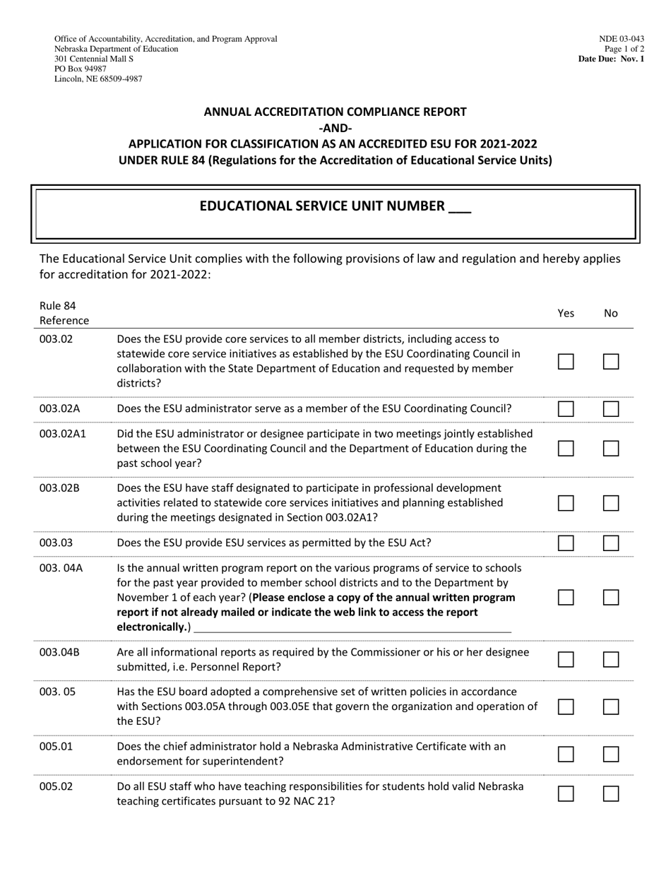 NDE Form 03-043 Annual Accreditation Compliance Report and Application for Classification as an Accredited Esu Under Rule 84 (Regulations for the Accreditation of Educational Service Units) - Nebraska, Page 1