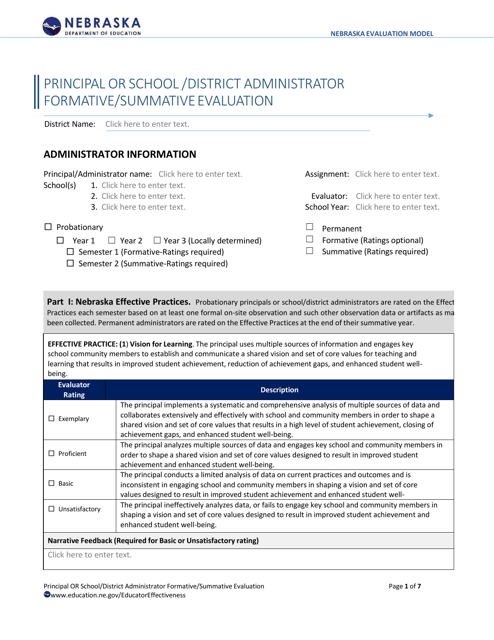 Principal or School / District Administrator Formative / Summative Evaluation - Nebraska Download Pdf