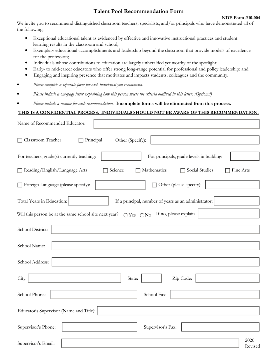 NDE Form 10-004 Talent Pool Recommendation Form - Nebraska, Page 1