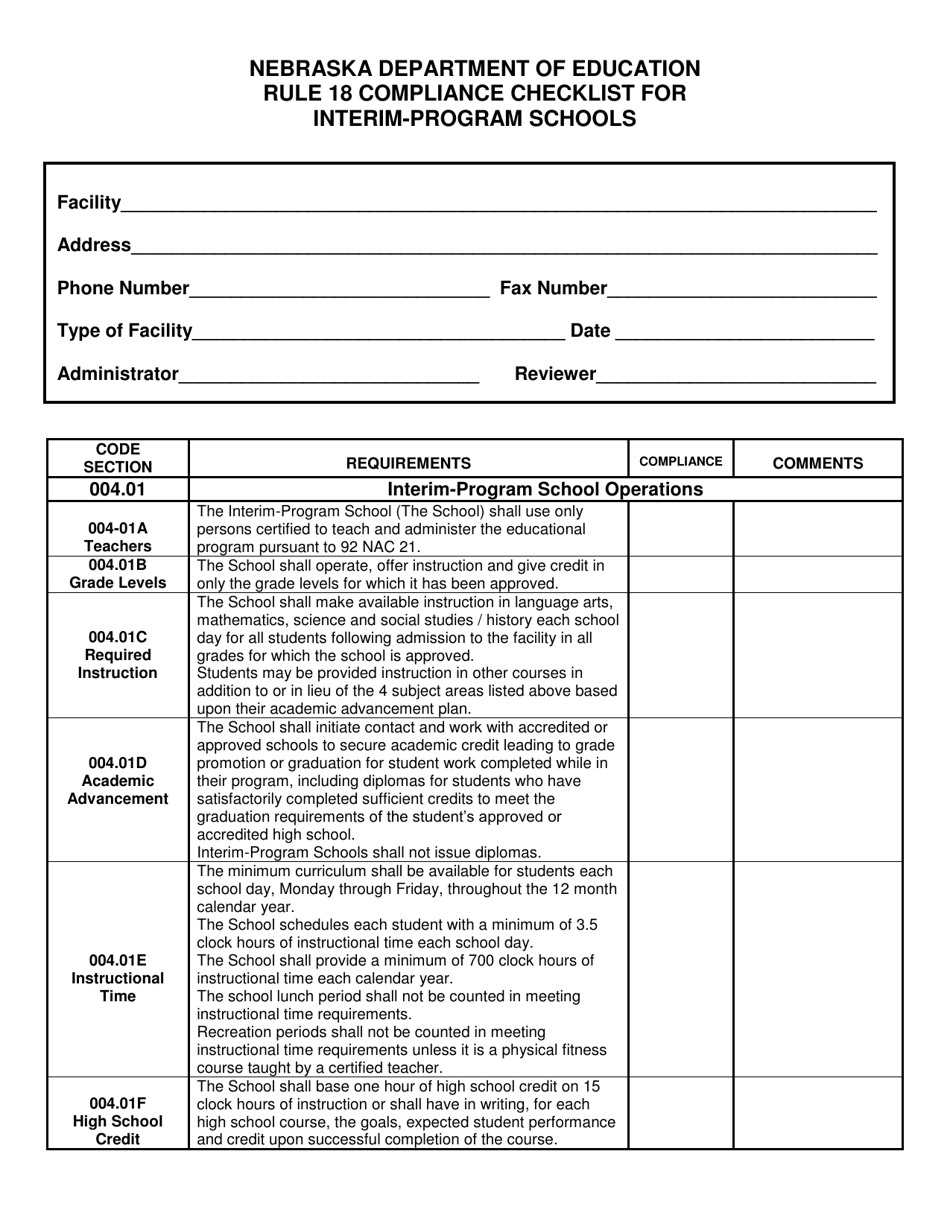 Rule 18 Compliance Checklist for Interim-Program Schools - Nebraska, Page 1