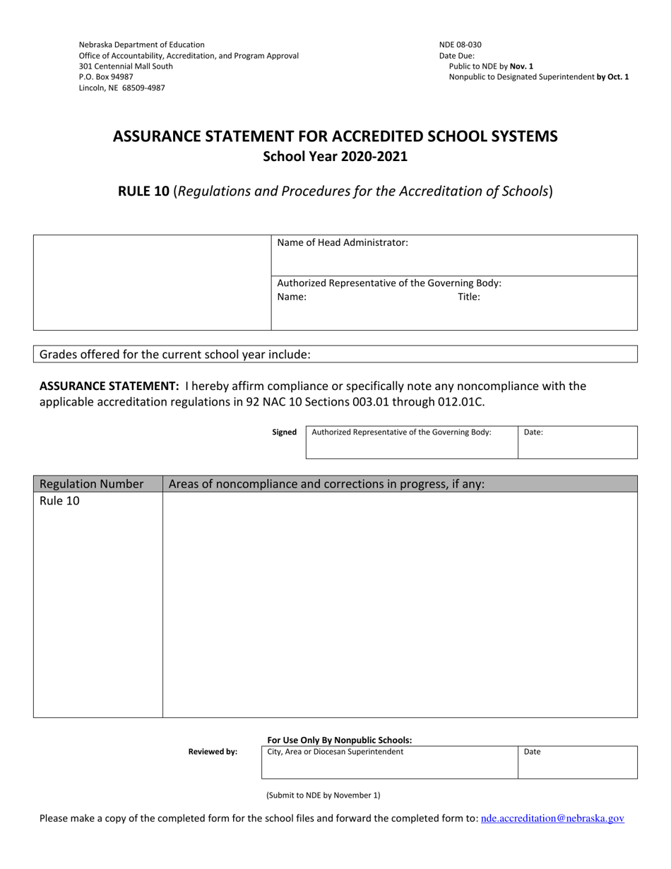 NDE Form 08-030 Assurance Statement for Accredited School Systems - Nebraska, Page 1
