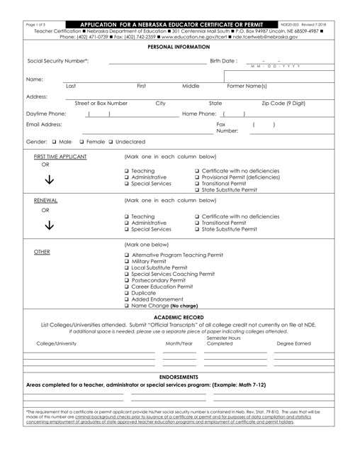 NDE Form 20-003  Printable Pdf