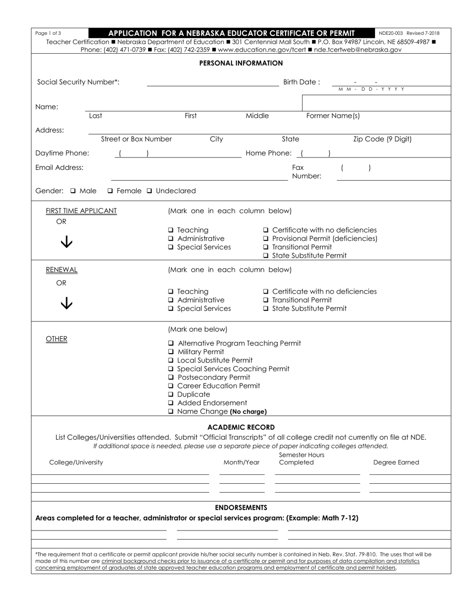 NDE Form 20-003 Application for a Nebraska Educator Certificate or Permit - Nebraska, Page 1