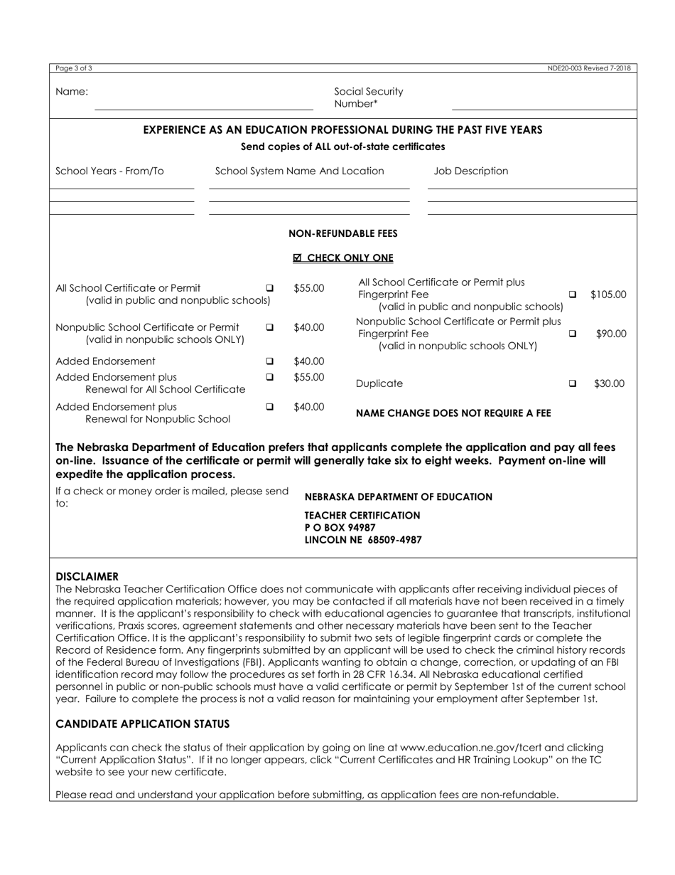 NDE Form 20-003 Application for a Nebraska Educator Certificate or Permit - Nebraska, Page 3