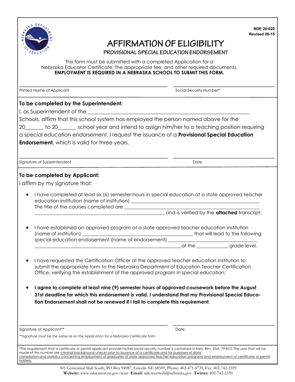 NDE Form 20-020 Affirmation of Eligibility - Provisional Special Education Endorsement - Nebraska, Page 1