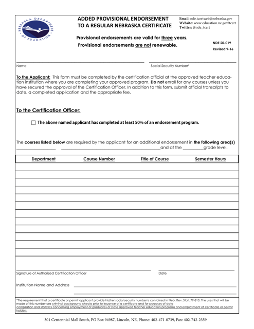 NDE Form 20-019 Added Provisional Endorsement to a Regular Nebraska Certificate - Nebraska