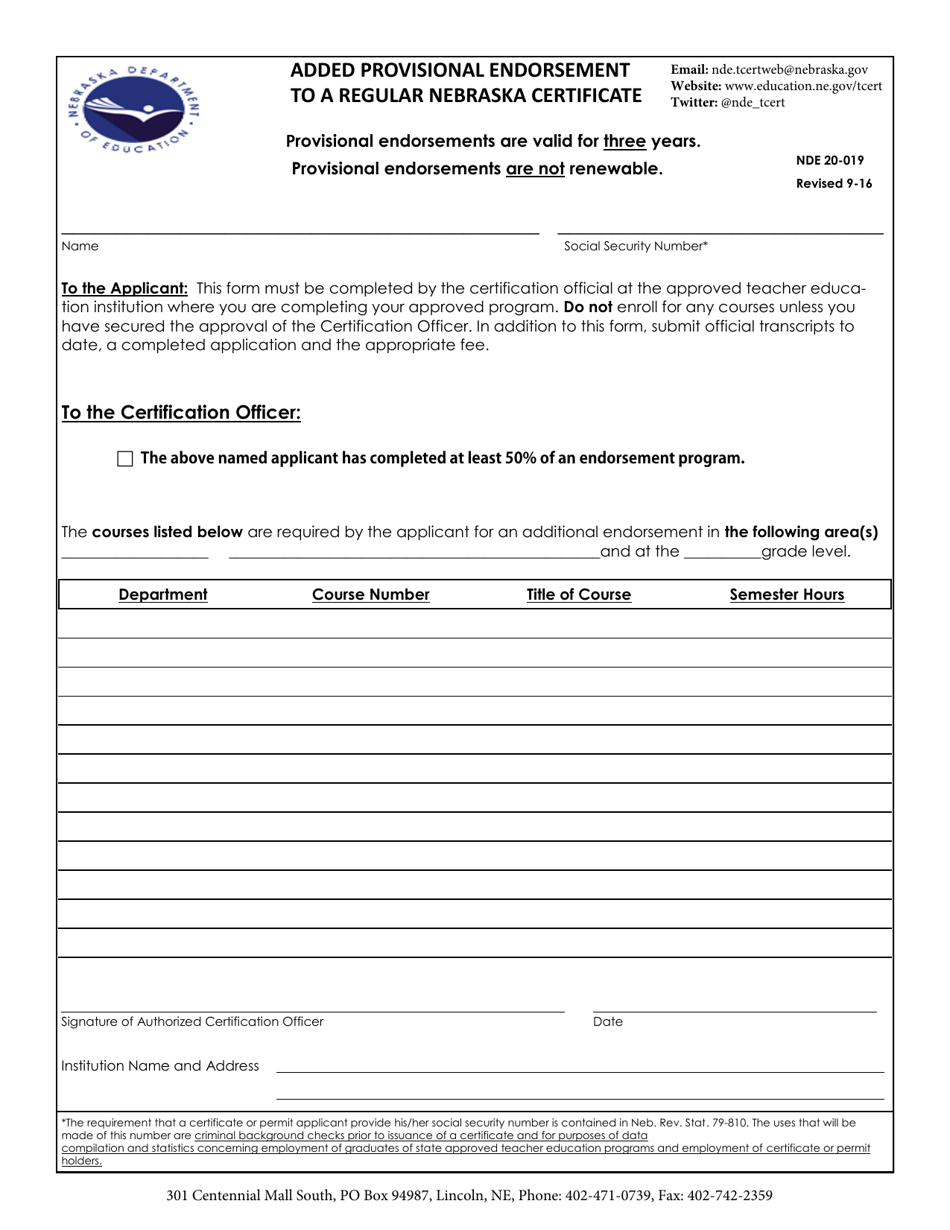 NDE Form 20-019 Added Provisional Endorsement to a Regular Nebraska Certificate - Nebraska, Page 1