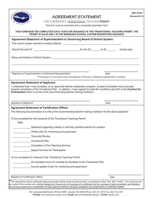 NDE Form 20-021 Agreement Statement for a Nebraska Transitional Teaching Permit - Nebraska
