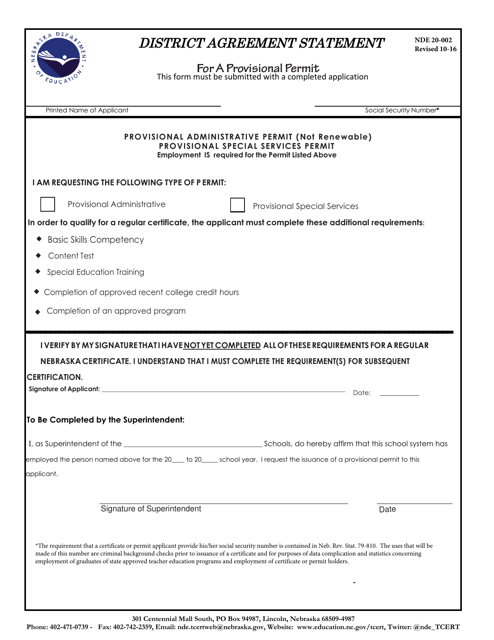 NDE Form 20-002 District Agreement Statement for a Provisional Permit - Nebraska