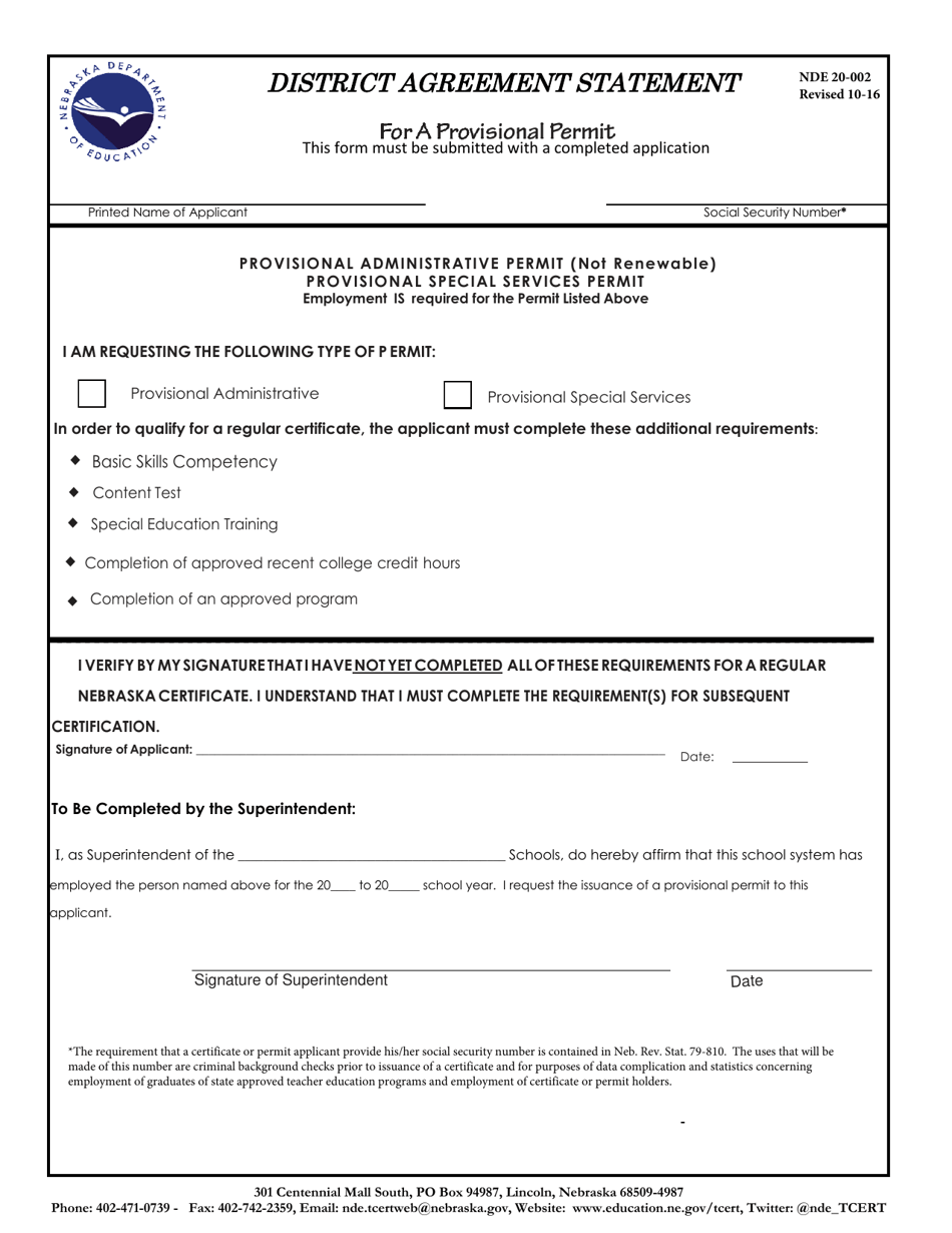 NDE Form 20-002 District Agreement Statement for a Provisional Permit - Nebraska, Page 1