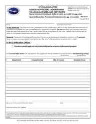 NDE Form 20-074 &quot;Special Education Added Provisional Endorsement to a Regular Nebraska Certificate&quot; - Nebraska