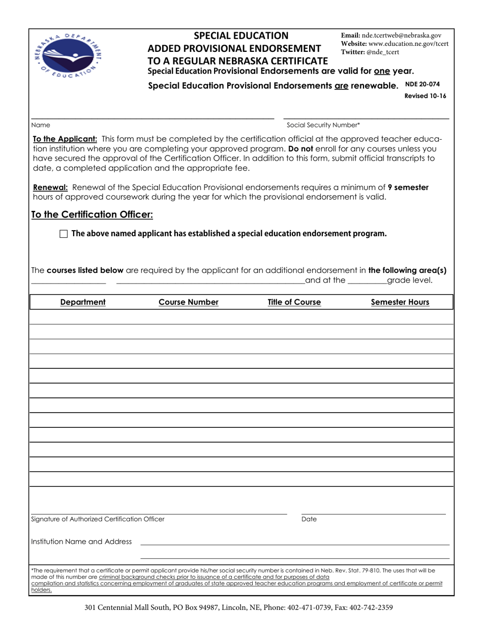 NDE Form 20-074 Special Education Added Provisional Endorsement to a Regular Nebraska Certificate - Nebraska, Page 1