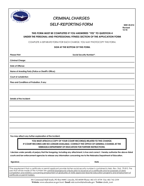 NDE Form 20-014 Criminal Charges Self-reporting Form - Nebraska