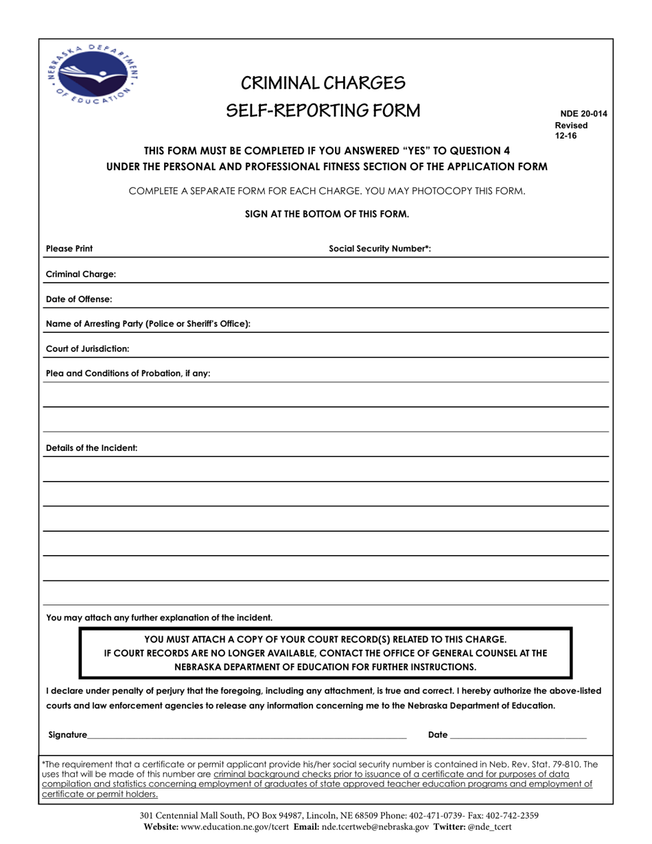 NDE Form 20-014 Criminal Charges Self-reporting Form - Nebraska, Page 1