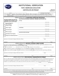 NDE Form 20-016 &quot;Institutional Verification for a Nebraska Educator Certificate or Permit&quot; - Nebraska