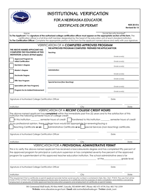 NDE Form 20-016 Institutional Verification for a Nebraska Educator Certificate or Permit - Nebraska