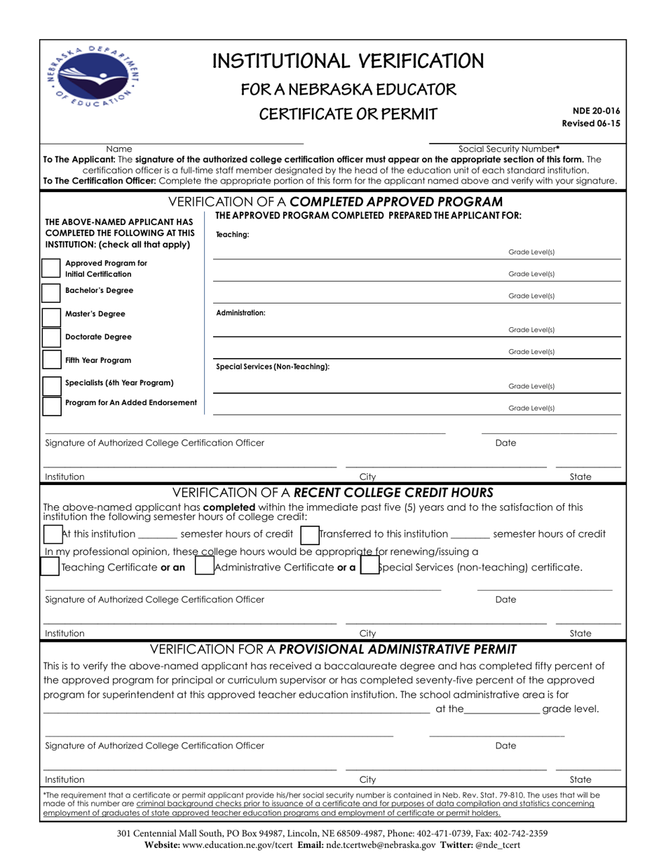 NDE Form 20-016 Institutional Verification for a Nebraska Educator Certificate or Permit - Nebraska, Page 1