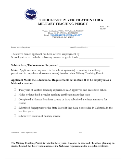 NDE Form 12-4711 School System Verification for a Military Teaching Permit - Nebraska