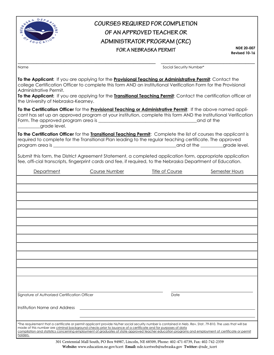 NDE Form 20-007 Courses Required for Completion of an Approved Teacher or Administrator Program (Crc) for a Nebraska Permit - Nebraska, Page 1