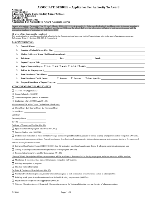 Associate Degree - Application for Authority to Award - Nebraska Download Pdf