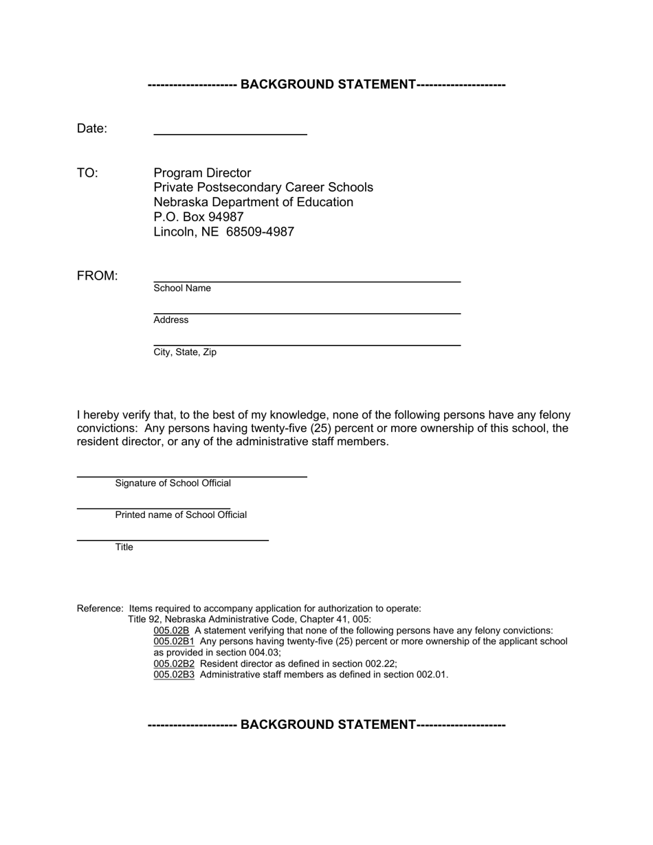 Nebraska Background Statement Fill Out, Sign Online and Download PDF Templateroller