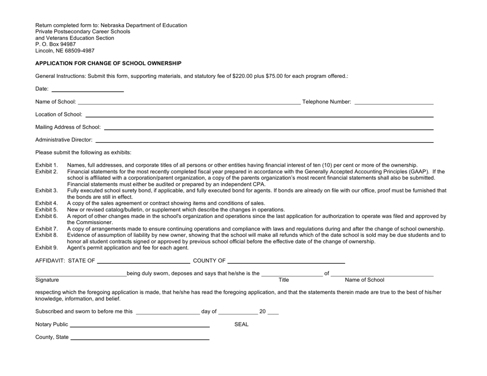 Application for Change of School Ownership - Nebraska, Page 1