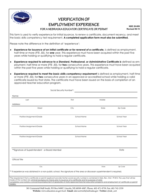 NDE Form 20-009 Verification of Employment Experience for a Nebraska Educator Certificate or Permit - Nebraska
