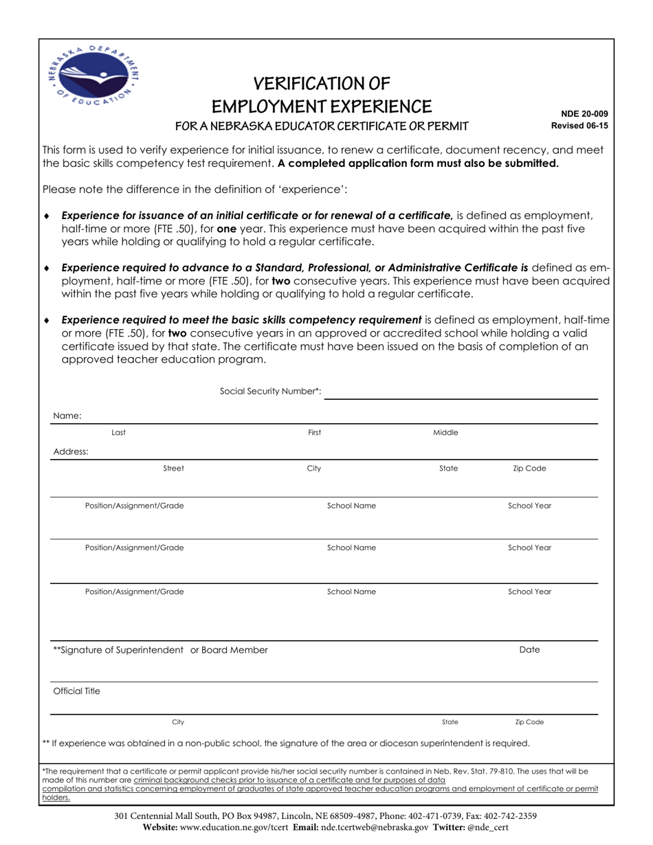 NDE Form 20-009 Verification of Employment Experience for a Nebraska Educator Certificate or Permit - Nebraska, Page 1