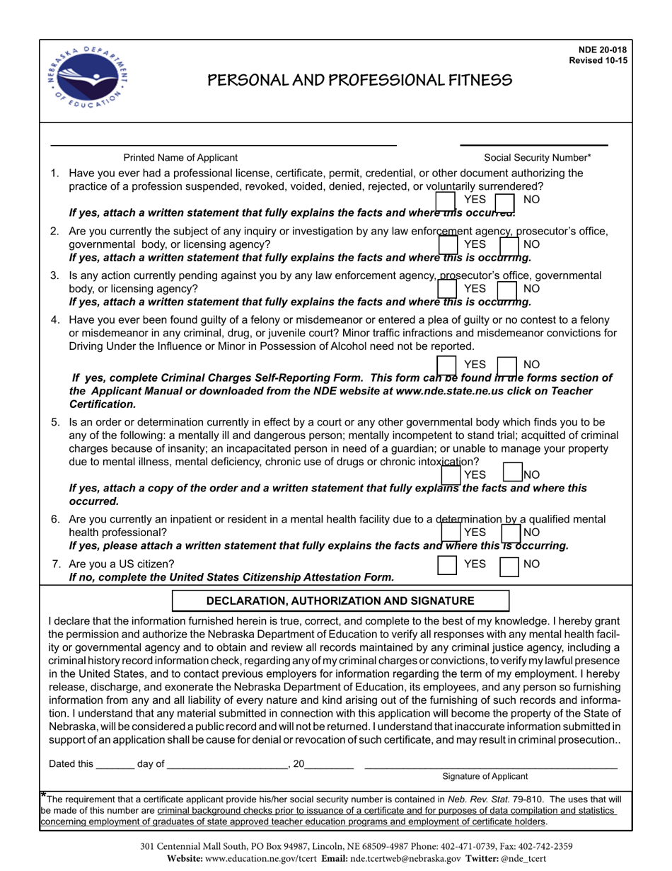 NDE Form 20-018 Personal and Professional Fitness - Nebraska, Page 1