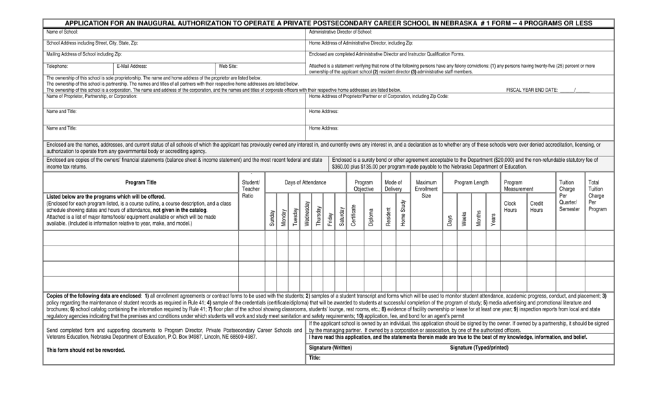 Form 1 Application for an Inaugural Authorization to Operate a Private Postsecondary Career School in Nebraska - 4 Programs or Less - Nebraska, Page 1