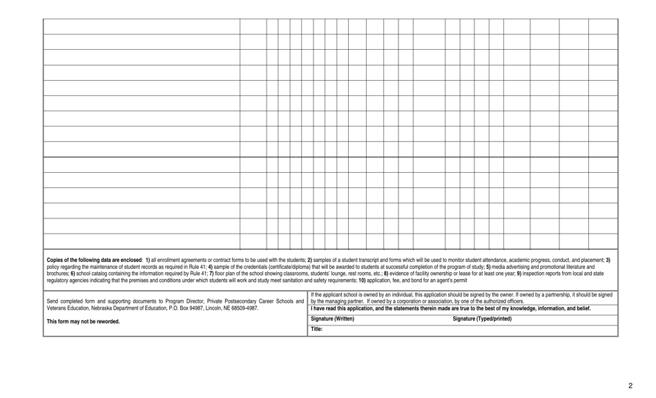 Form 2 Application for an Inaugural Authorization to Operate a Private Postsecondary Career School in Nebraska - 5 Programs or More - Nebraska, Page 2