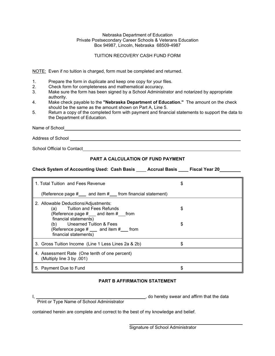 Tuition Recovery Cash Fund Form - Nebraska, Page 1
