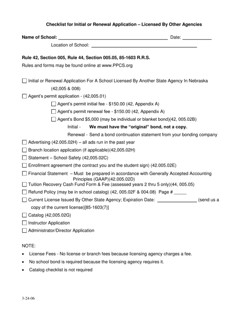 Checklist for Initial or Renewal Application - Licensed by Other Agencies - Nebraska Download Pdf