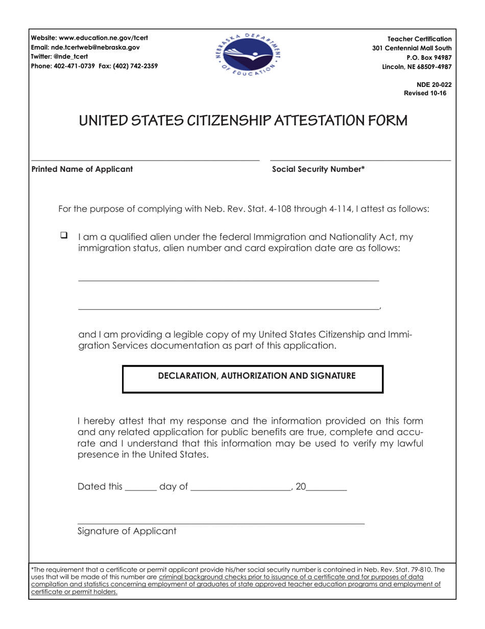 NDE Form 20-022 United States Citizenship Attestation Form - Nebraska, Page 1